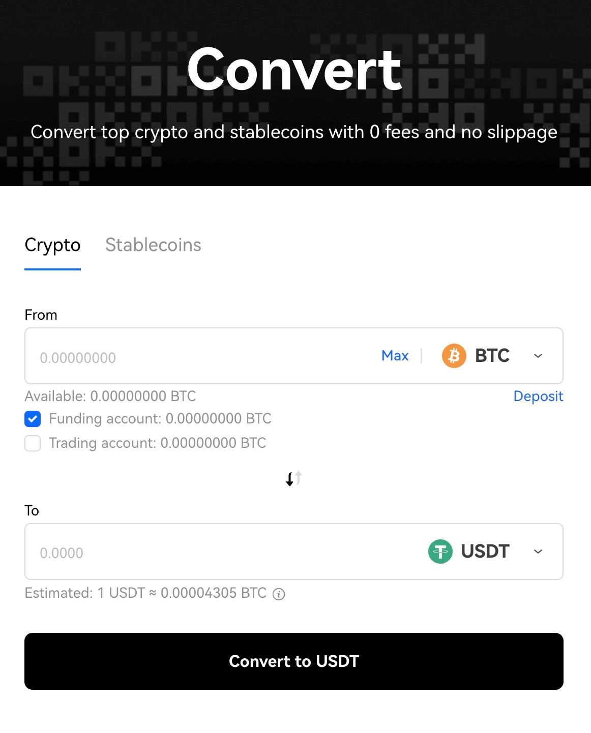 The OKX Convert interface.