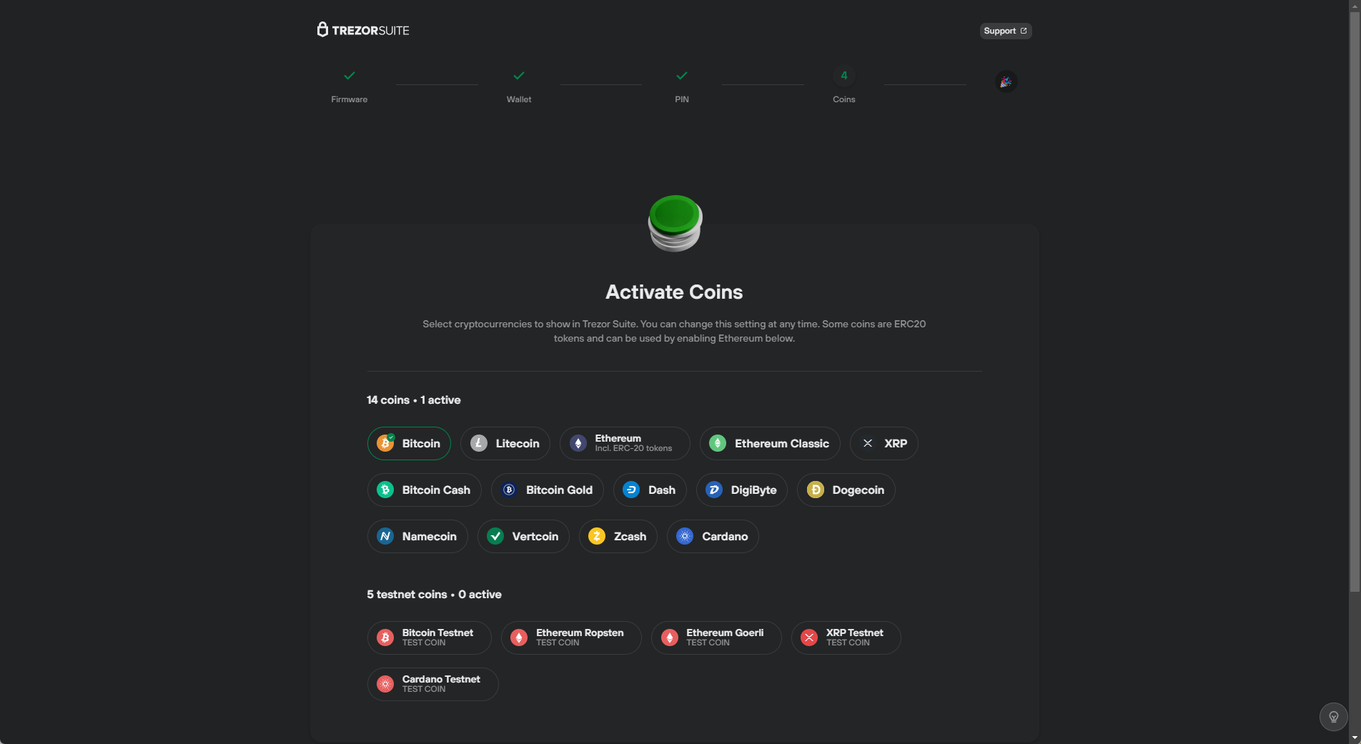 Trezor Model T Setup: Activate Coins