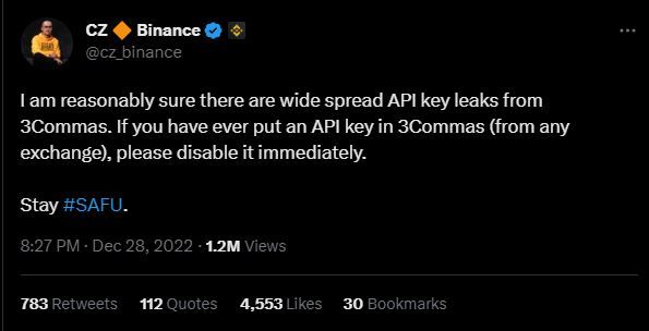 The tweet from Changpeng Zhao of Binance, about 3Commas API key leaks