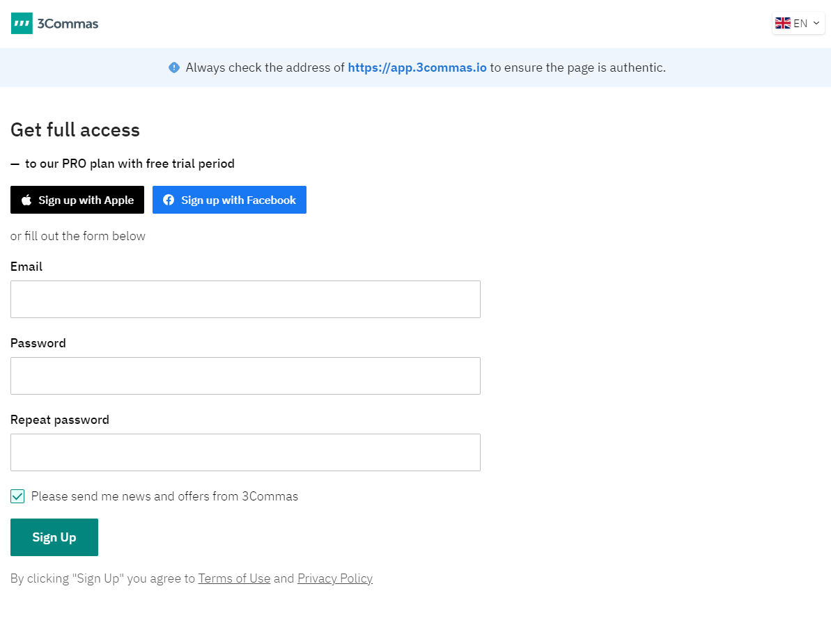 3Commas Sign Up Step 2