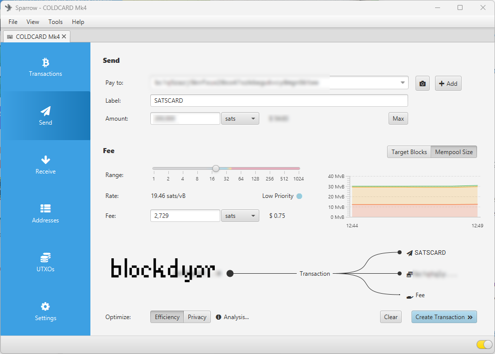 COLDCARD Mk4 Sending Bitcoin Airgapped Sparrow Wallet Step 1