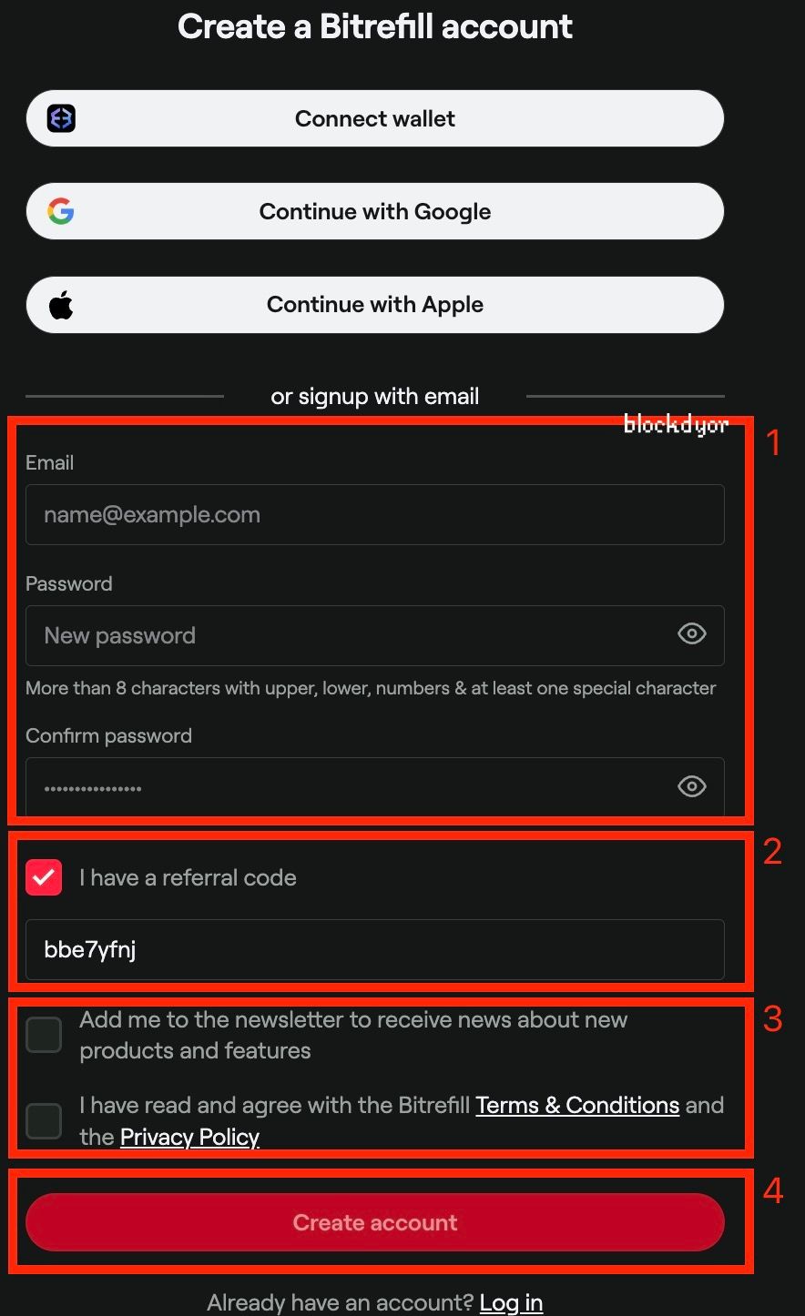 Bitrefill Sign Up Step 1