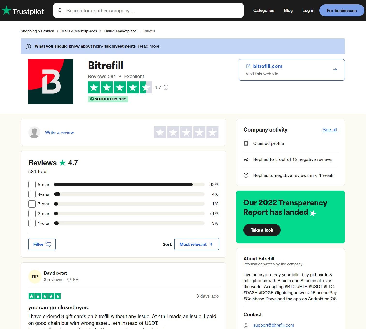 Bitrefill Trustpilot