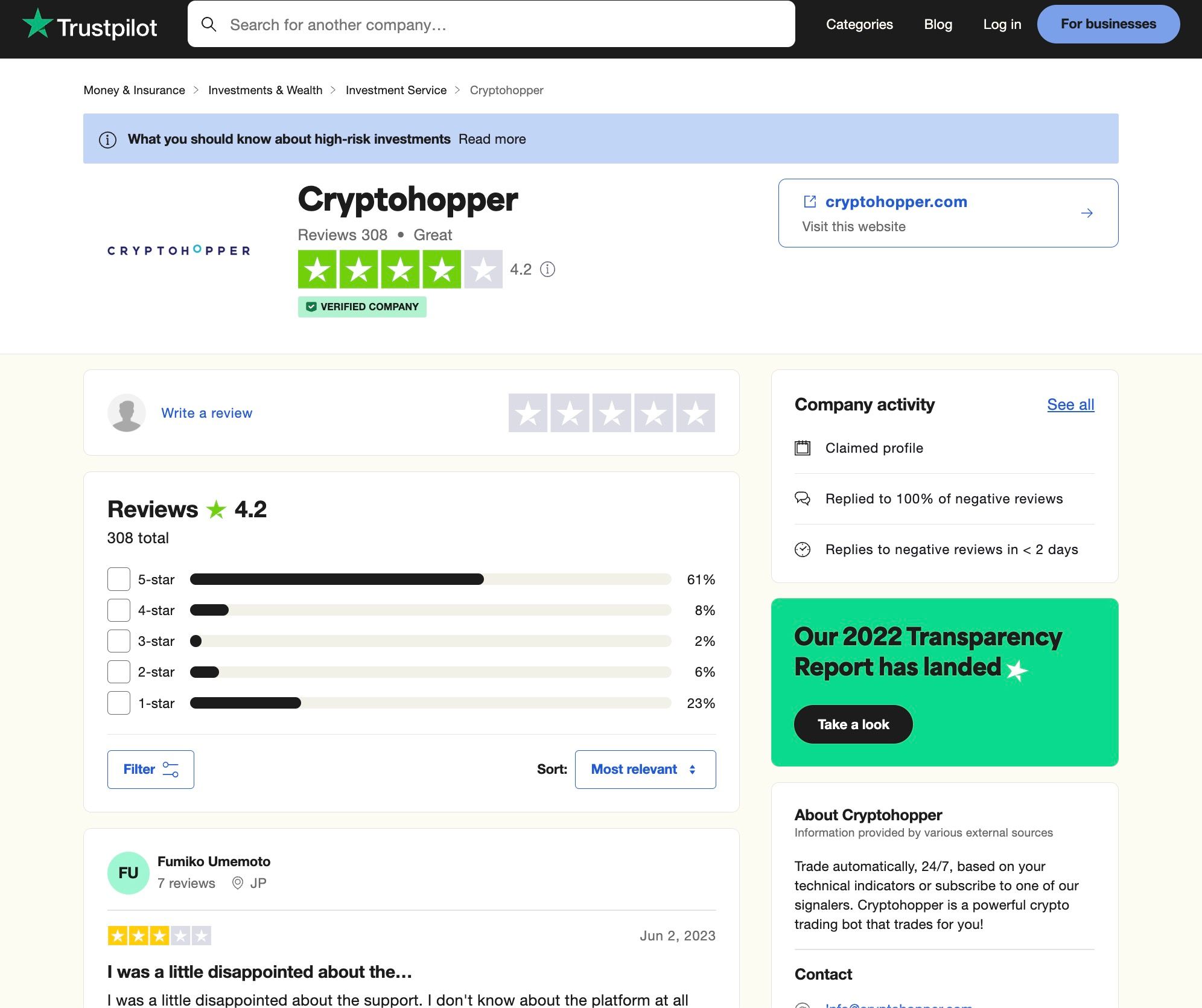 CryptoHopper Trustpilot