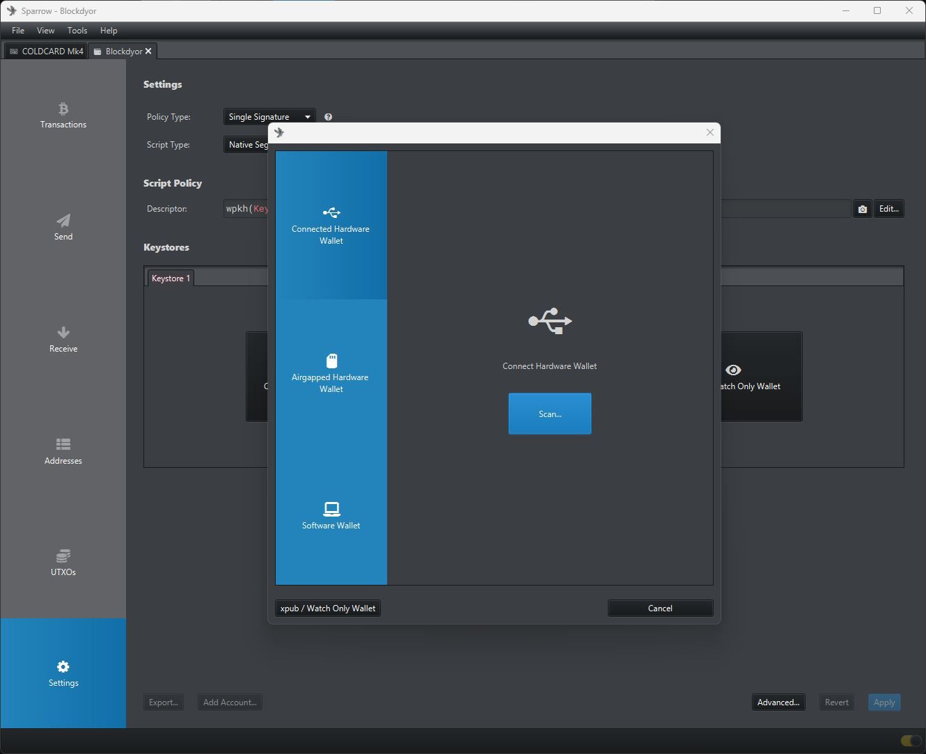 Sparrow Wallet Connected Hardware Wallet
