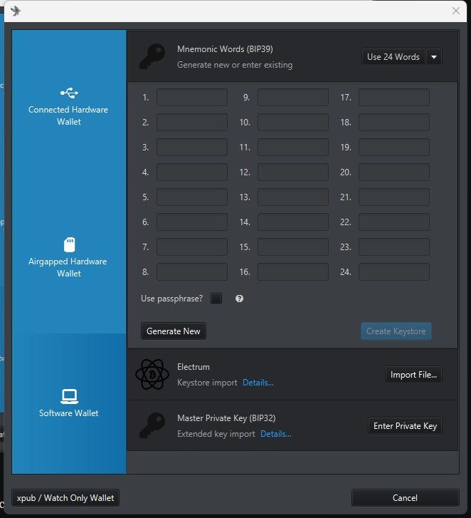 Sparrow Wallet Create New Wallet Step 5