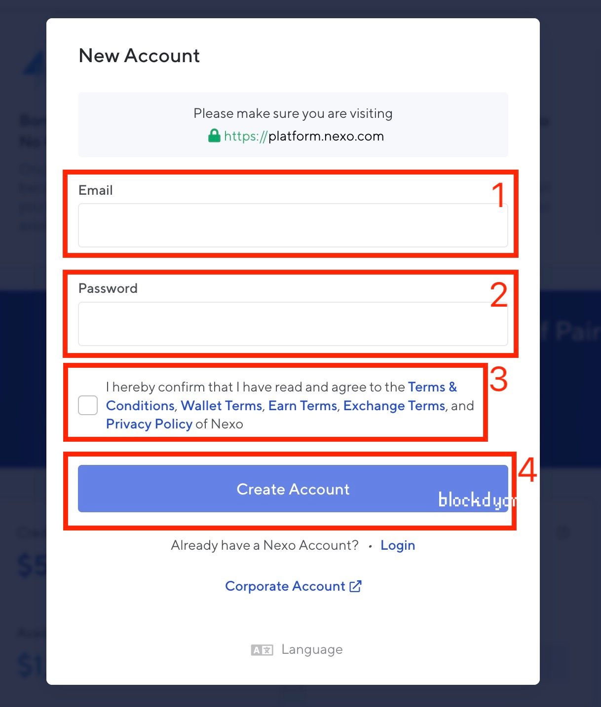 Nexo Sign up Step 2