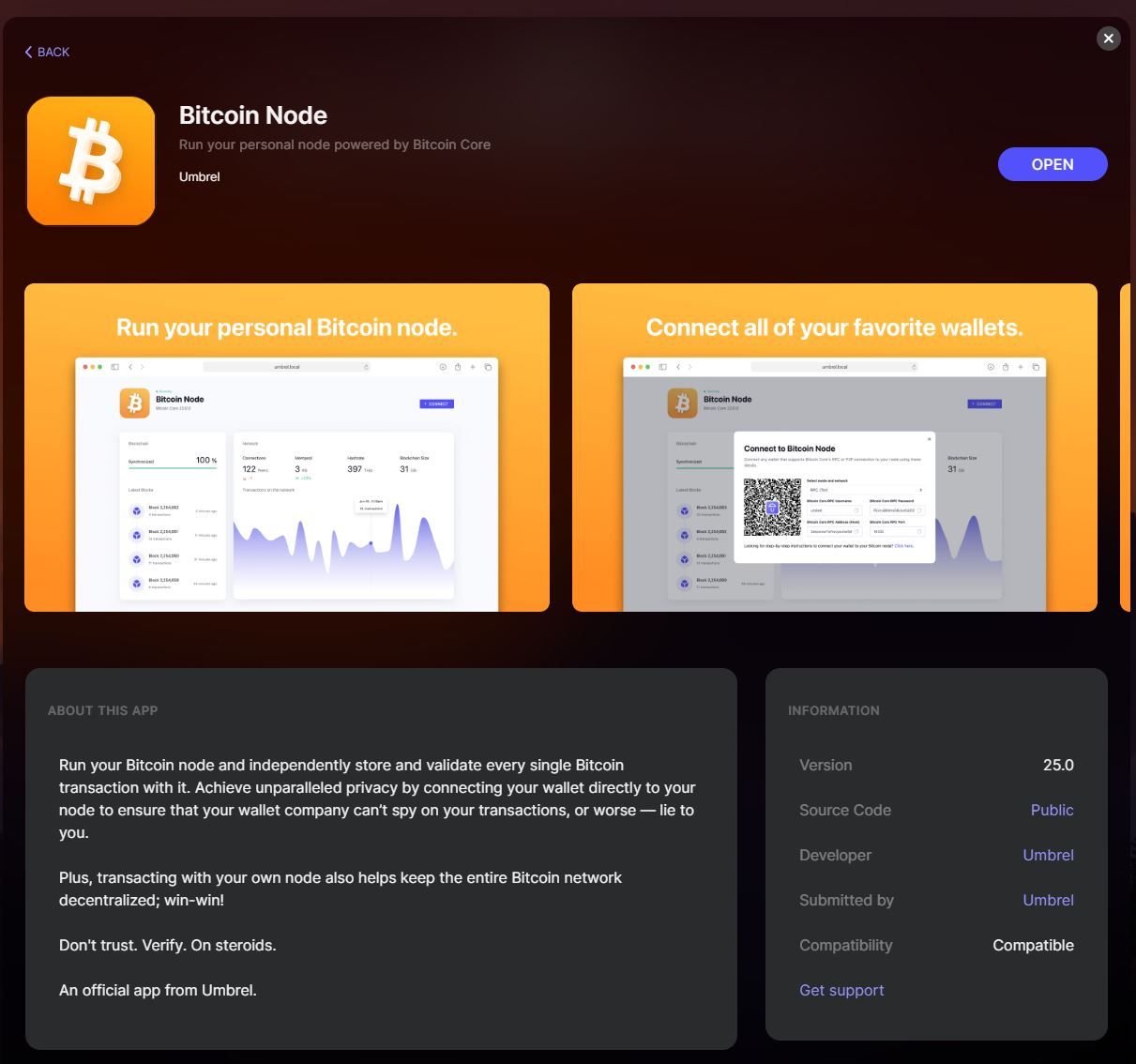 Bitcoin Node Download Page on Umbrel App Store