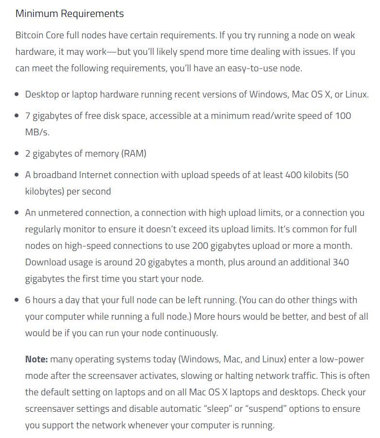 Bitcoin Node Minimum Requirements (Source: Bitcoin.org)