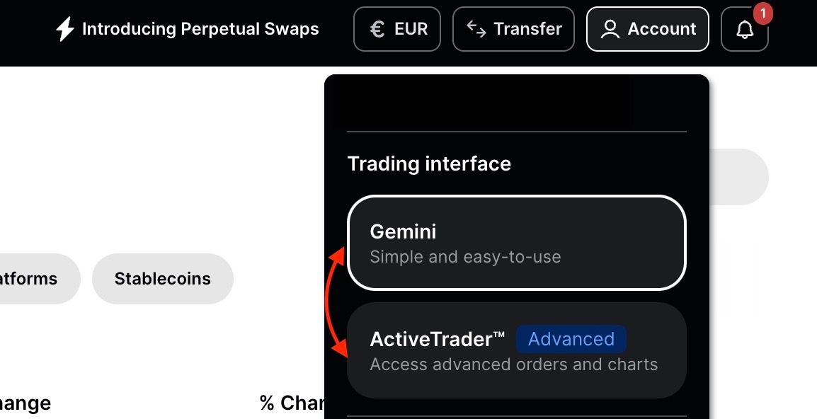Gemini Switch Trading Interface