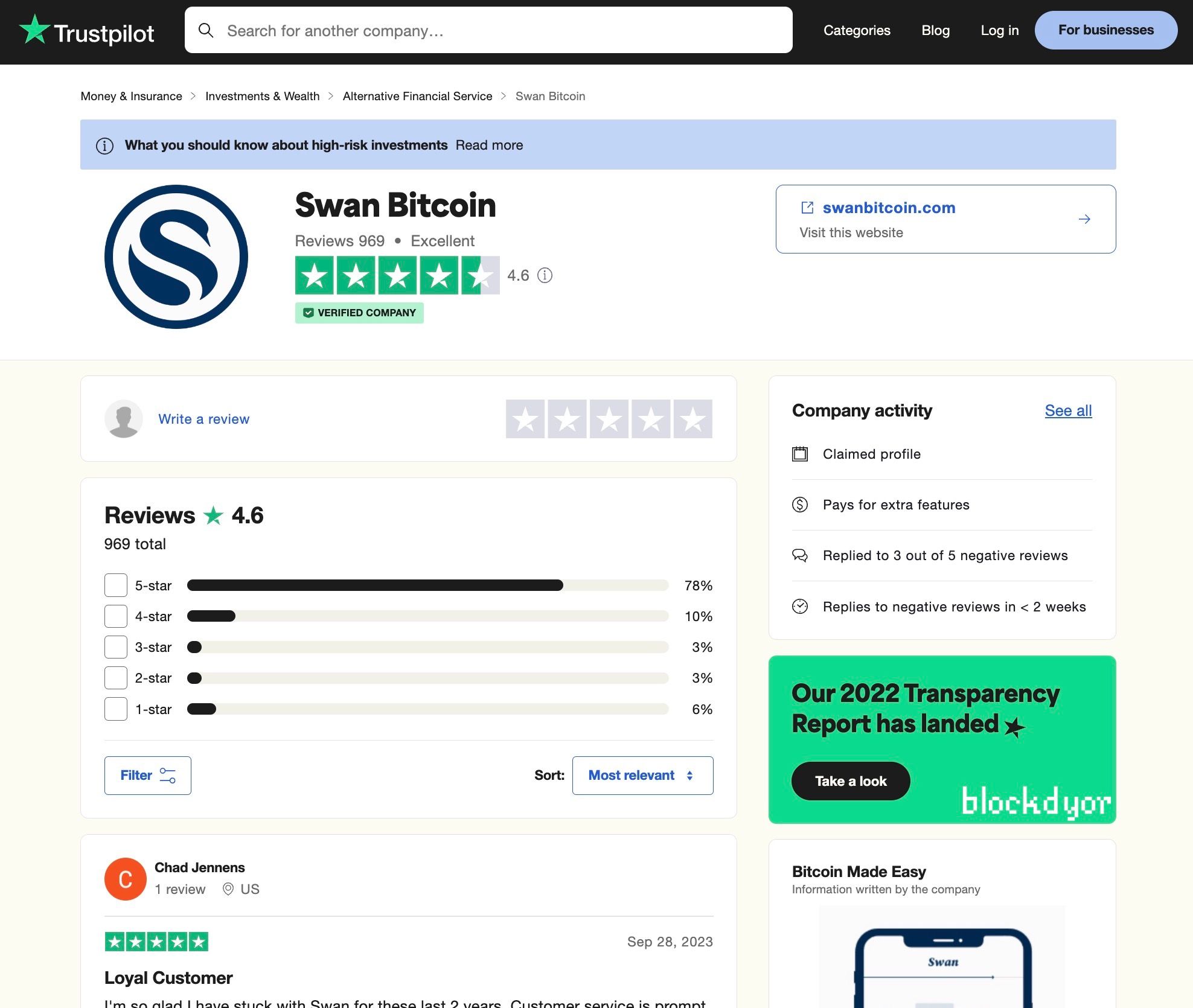 Swan Bitcoin Trustpilot