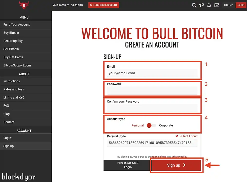 Bull Bitcoin Sign Up Step 2