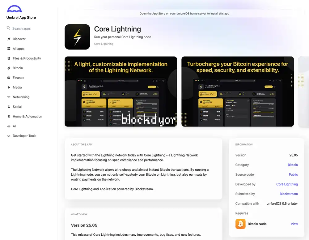 Core Lightning Node App UmbrelOS
