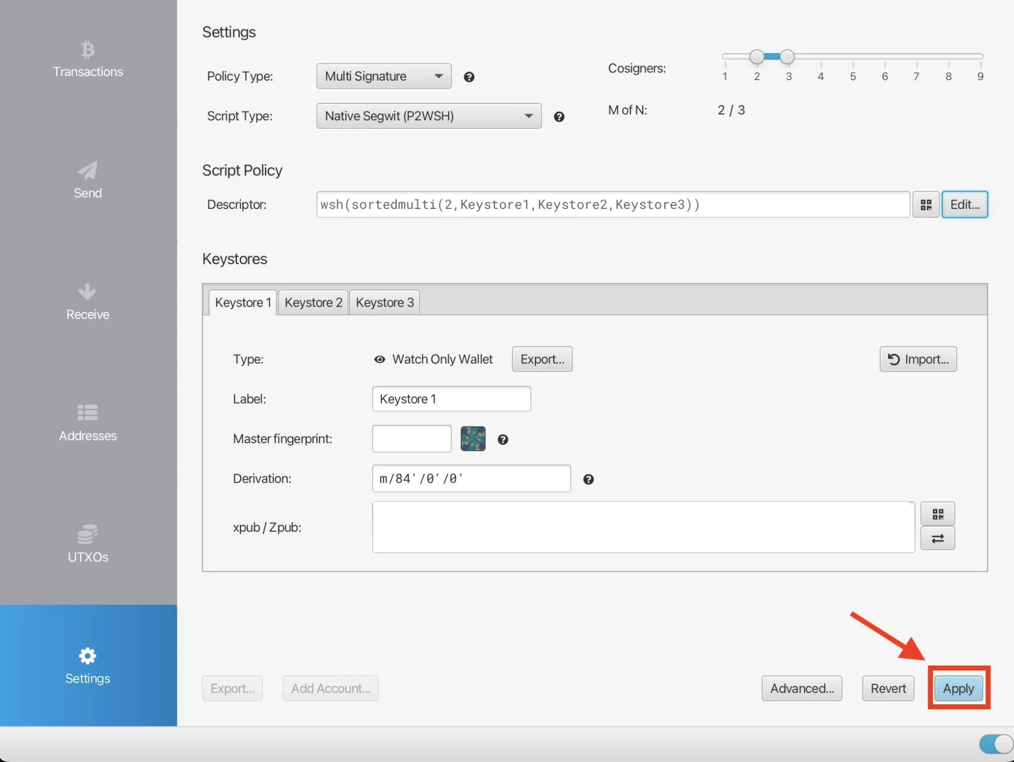 Importing the XPUB Descriptor into Sparrow Wallet Step 4
