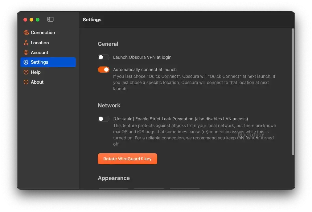 Obscura VPN Settings