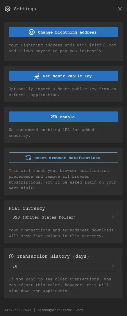 Rizful Wallet Settings
